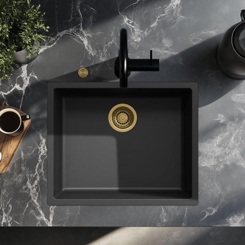Ausmann Fibre черна мивка 50x40cm за вграждане, монтаж отгоре и плосък монтаж с автоматичен златен щепсел 1208971859