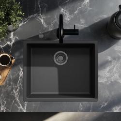Ausmann Fiber черна мивка 50x40cm за вграждане, монтаж отгоре и равномерен монтаж с автоматичен плъгин за метал в цвят графит 1208971860