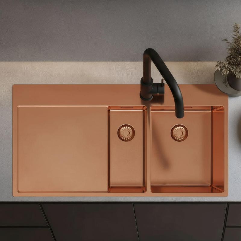 Pure.Sink Exclusivo Медна мивка 1,5 с отцеждаща част 100x52 cm Кран Tapwing вдясно PEX3418100RT-62