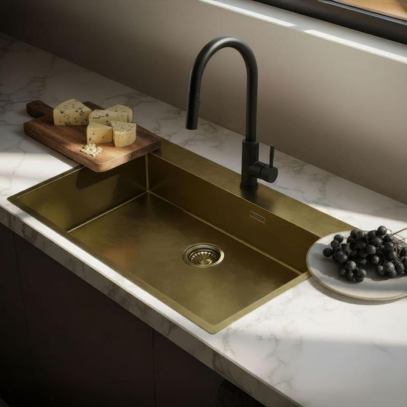 Pure.Sink Luxion Голяма PVD антична бронзова мивка 78x50 cm Tapwing с отвор за кран и долна решетка PLX7850T-64