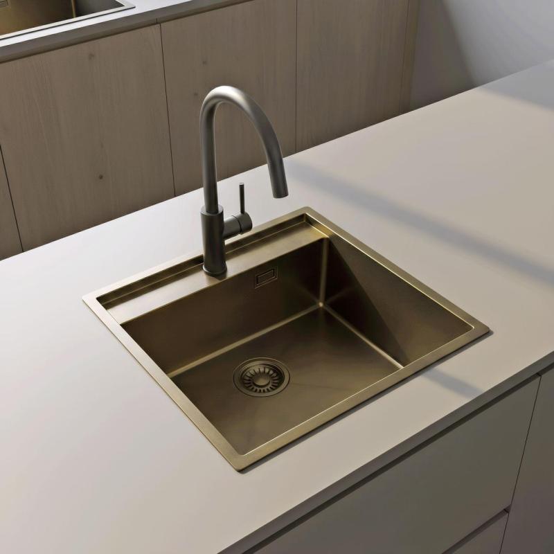 Pure.Sink Luxion PVD Античен бронзов мивка 51x50 cm Tapwing с отвор за кран и рафт за дъно PLX5150T-64