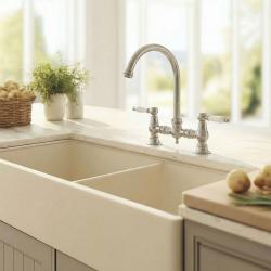 Aquanello Heritage Manor Класическа кухня Носталгичен мост Кухненски кран от неръждаема стомана с бяла дръжка и кръгла изливна тръба NB-0011-HM