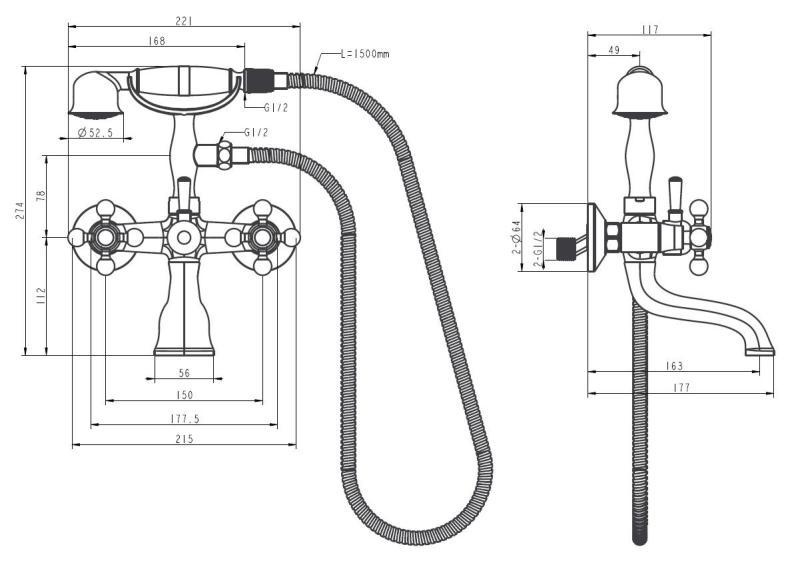 Aquanello Heritage Ascot Класически смесител за баня с бутони от бронз, включително ръчна душ BN-3002-HA