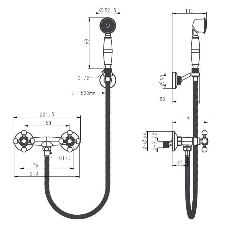 Aquanello Heritage Ascot Класически душ комплект с бронзови копчета и ръчна душ BN-2002-HA